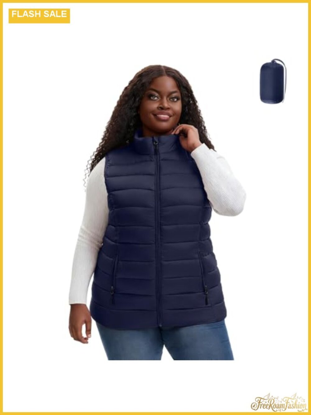 Plus Size Packable Puffer Vest Quilted Stand Collar Sleeveless Zip Pockets